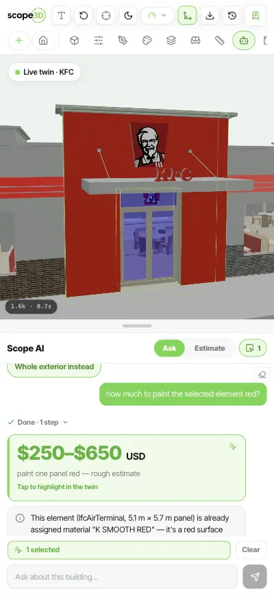 A Scope3D twin of a KFC restaurant open on a phone