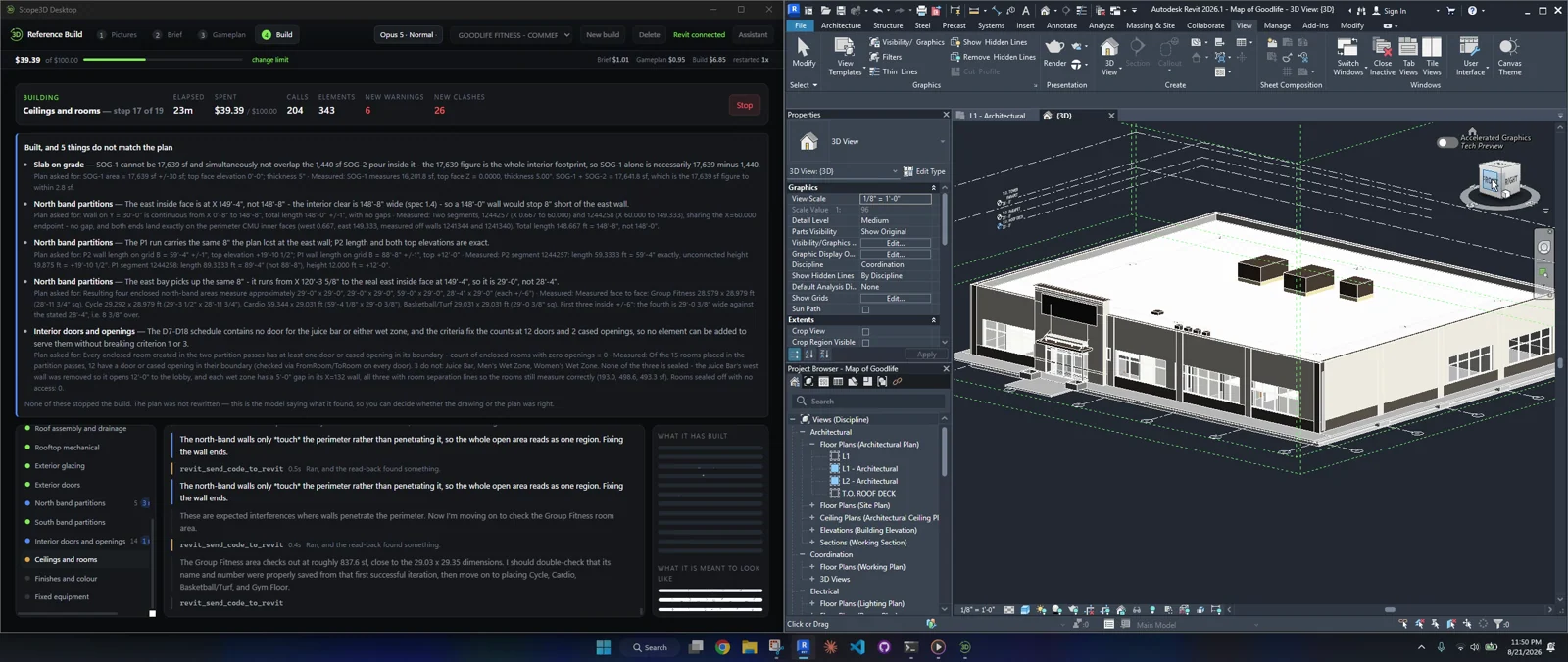 The finished Revit model of a GoodLife gym, built by Scope3D Desktop from three drawing pages